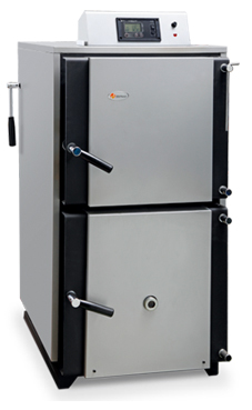DOMUSA Lignum IB 20 caldera de gasificación de leña de 20 Kw. de llama invertida de alto rendimiento solo calefacción, modulación electrónica, autonomia de carga de hasta siete horas, el ventilador de la caldera modula ajustando la potencia generada a la 