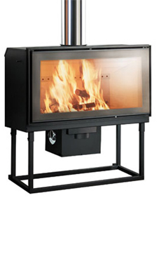 EDILKAMIN SCREEN 100 N de 11,5 Kw. De tiro natural Completado con un caballete regulable en altura. Estructura de acero y fuego de Ecokeram®, cristal vista total, con puerta abrible tanto a derecha como a izquierda.