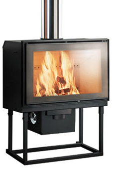 EDILKAMIN SCREEN 80 N de 8,5 Kw. De tiro natural Completado con un caballete regulable en altura. Estructura de acero y fuego de Ecokeram®, cristal vista total, con puerta abrible tanto a derecha como a izquierda.