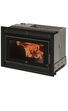 EDILKAMIN PELLKAMIN de 10 Kw. Fuego de fundición, salida de humos superior de Ø 8 cm macho la carga de pellet se realiza con el insertable apagado, para poder hacerlo con el insertable encendido se precisa instalar kit opcional. Con radiocomando con displ