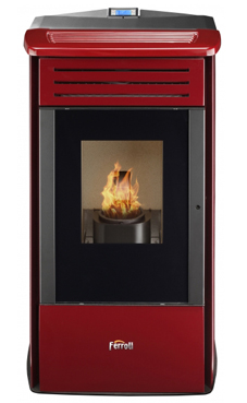 FERROLI MERCURIO de 6,97 Kw. de poténcia, consumo 1,49 Kg/hora, volumen del depósito 19 kg. Rendimiento 95,7%, de acero con tapa superior y frontal en maiolica , para calefactar estancias de hasta 55 m2