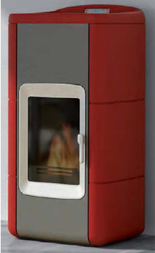 GREENHEISS AIDA CERAMICA 28 Kw. Acabados marfil y rojo burdeos. Depósito de pellet de 35 Kg.con programación semanal y mando a distancia.