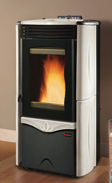 NORDICA-EXTRAFLAME DUCHESSA IDRO 3-10,8 Kw Revestimiento en cerámica o de acero. Caja de la ceniza. Vitro cerámico resistente a 750°. Colores: Pergamino, burdeos o blanco.
